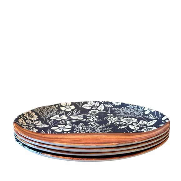 Rachel Ashwell Wood Grain Blue Floral Melamine Dinner Plates 11" Set of 4 New - Picture 4 of 11